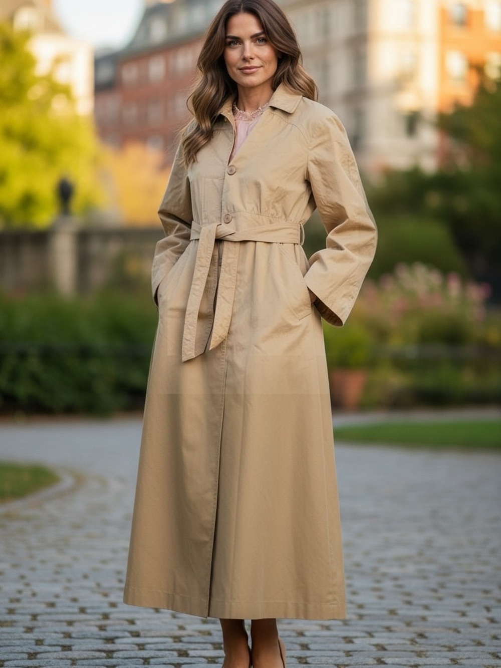 Women's vintage Long Tan Trench Coat with Self Tie Belt